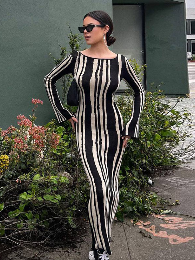 vmtvr - Fashion Leopard Print Women Slim Dress Striped Long Sleeve O Neck High Waist Female Dresses 2023 Spring Wave Party Evening Robe