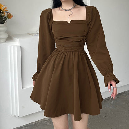 vmtvr Elegant Chiffon Corset Dress Brown Flare Long Sleeve Mini Dresses Vacation Short Party Dress Ruffles Slash Neck Outfit