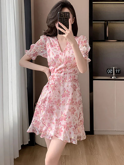 vmtvr 2024 Pink Floral Chiffon Sequins Luxury Prom Clothes Women Short Sleeve V-Neck Casual Ruffled Dress Summer Korean Fashion Dress