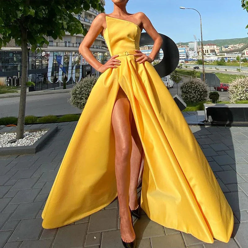 vmtvr  -  Elegant Strapless High Slit Party Dress Women Sexy Off Shoulder Slim Long Dress Summer Fashion Backless Solid Big Hem Dress