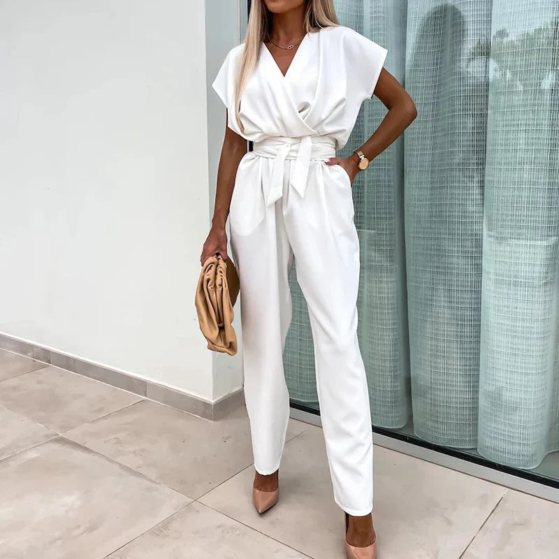 vmtvr Commuter Lady Elegant Straight Jumpsuits Spring Wrap V Neck Belted Women Playsuit Romper Summer Short Sleeve Solid Slim Overalls