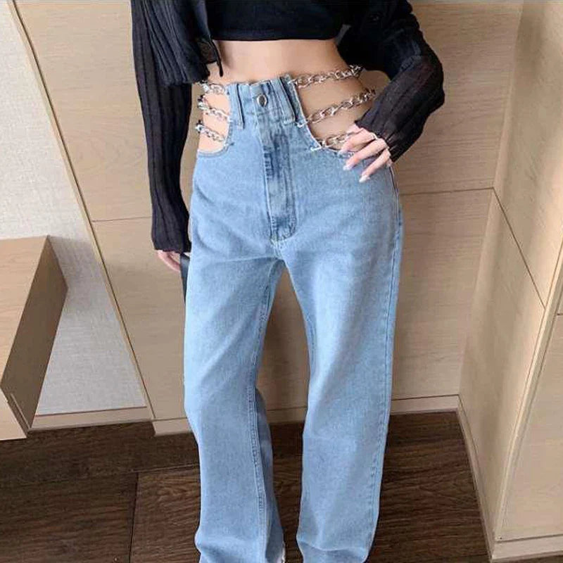 vmtvr Sexy Hollow Out Chain Streetwear Jeans for Women Summer High Waist Loose Harajuku Straight Denim Pants Fashion Korean Y2K Jeans