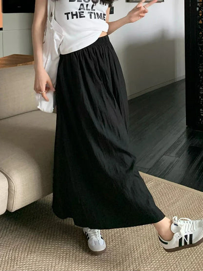 vmtvr Korean Fashion Women Wrinkle Skirt Harajuku High Waist A Line Mid Calf Skirt Summer Preppy Style Elegant Pockets Skirt New