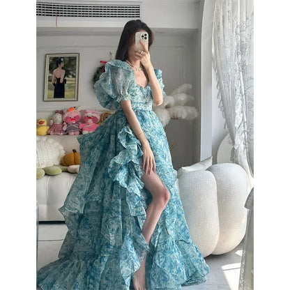 Floral Print Evening Party Dress Women 2024 Puff Sleeve Elegant Princess Long Dres Ladies France Vintage Open Fork Dress Summer