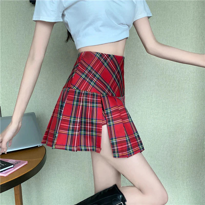 vmtvr Summer Women Plaid Skirt Fashion Streetwear Sexy Split Mini Skirts Korean High Waist Female Casual Pleated Skirts New