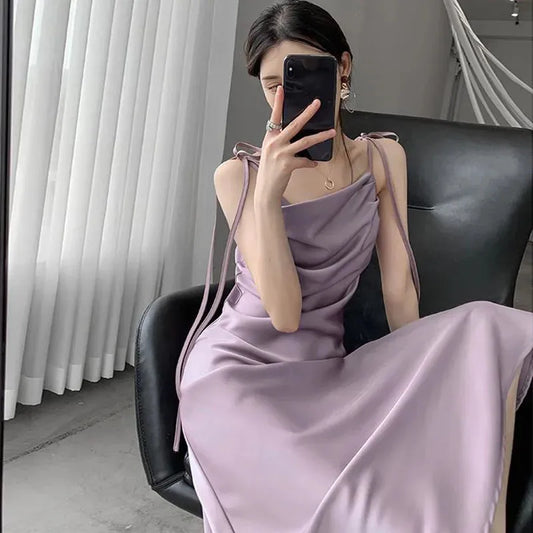 vmtvr Korean Purple Satin Midi Dress Women Fashion Folds Spaghetti Strap Dress Woman Elegant Summer Waist-Tight Party Dresses