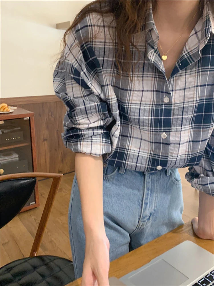 vmtvr Women Blouse Female Shirt Summer Womens Blouses Spring Blusas Casual Elegant Vintage Long Sleeve Cotton Oversize Loose Plaid