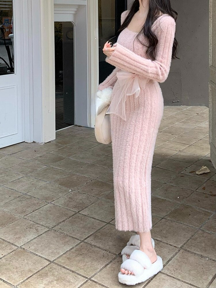 Winter Pink Kawaii Y2k Mini Dress Faux Fur Slim Sexy Bodycon Knitted Dress Woman Elegant One Piece Dress Korean Fashion