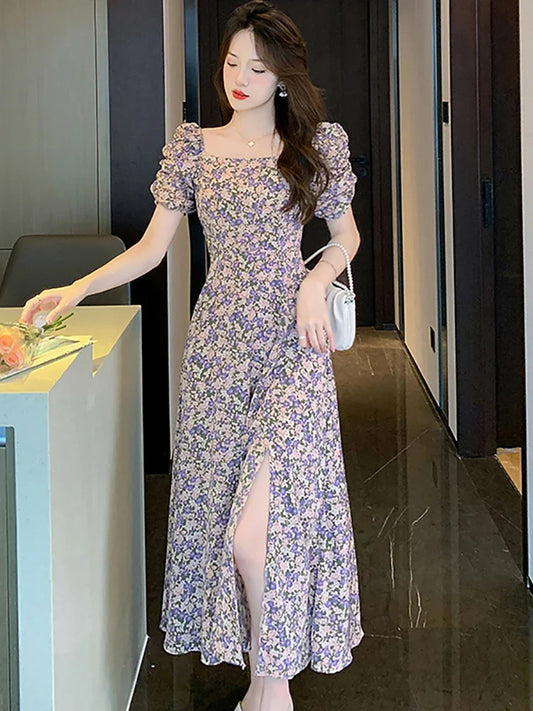 vmtvr 2024 Floral Chiffon Chic Square Collar Casual Beach Dress Summer Elegant Casual Prom Clothes Women Korean Fashion Evening Dress