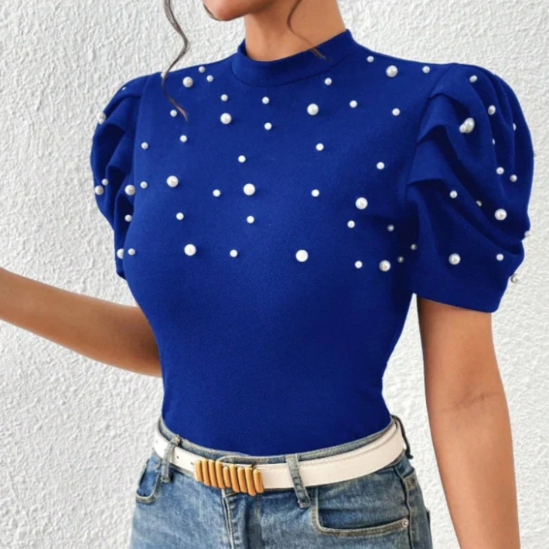 vmtvr 2024 Spring Stand Collar Beading Blouses Women Elegant Solid Slim Bodycon Top Pullover New Summer Puff Short Sleeve Office Shirt