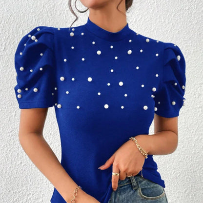 vmtvr 2024 Spring Stand Collar Beading Blouses Women Elegant Solid Slim Bodycon Top Pullover New Summer Puff Short Sleeve Office Shirt