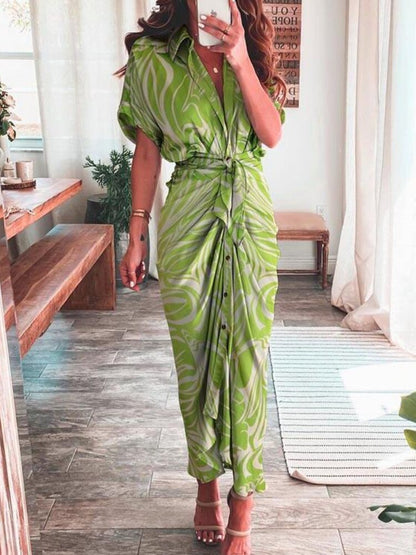 Spring Summer New Temperament Fashion Printed Long Dress Waist Tie-up Shirt Dress Streetwear Woman Clothes Robe Evening Dresses