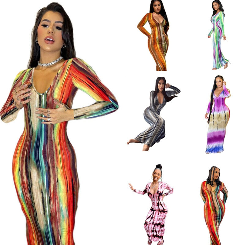 vmtvr Sexy Print Maxi Dresses Ladies Elegant Bodycon Women Dress Vintage Robe Femme Party Bandage Long Dress Woman Clothes Vestidos