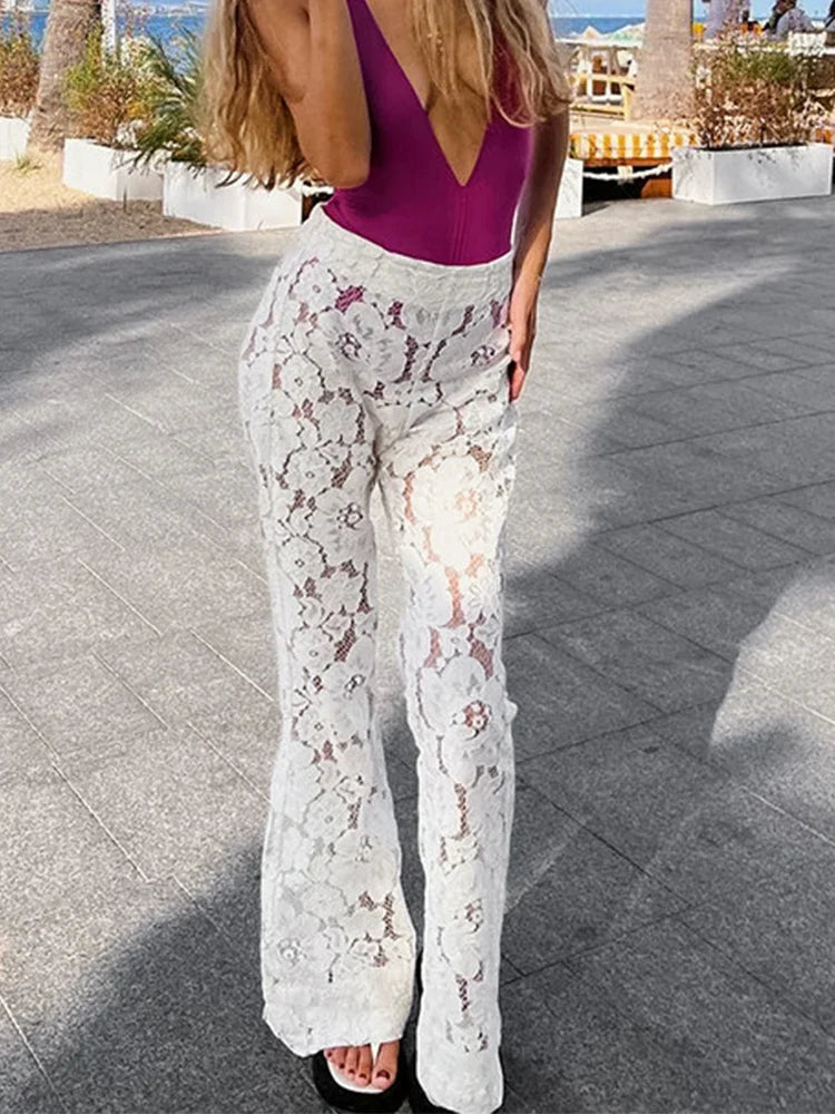 vmtvr 2024 Summer Women Sexy Lace Flare Pants Beach Solid White High Waist Sheer Trousers Female