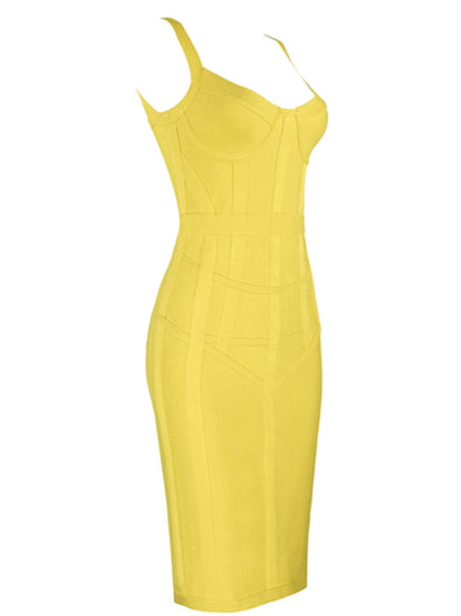 Sexy Sleeveless V Neck Yellow Midi Women Bodycon Bandage Dress 2023 Designer Fashion Evening Party Dress Vestido