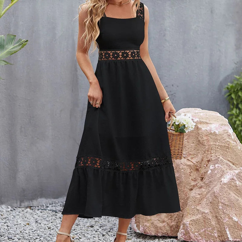 vmtvr  -  Women's Summer New Fashion Solid Hollow Out Lace Spliced Square Neck Sleeveless High Waisted Pullover A-line Strap Midi Dresses