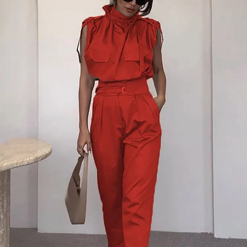 vmtvr Spring Summer Sleeveless Two Piece Set Women High Neck Tank Top Pullover & Tie-up Pants Outfit Casual Solid Office Straight Suit