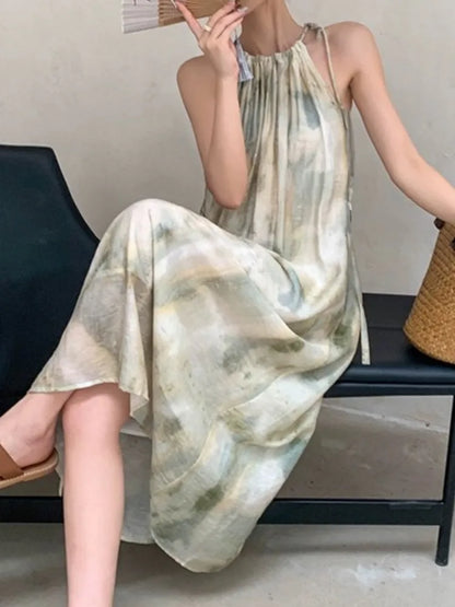 vmtvr Summer Women Elegant Casual Midi Dress Sleeveless Loose Vintage Chic Party Beach Holiday Clothes Female Print Vestidos New