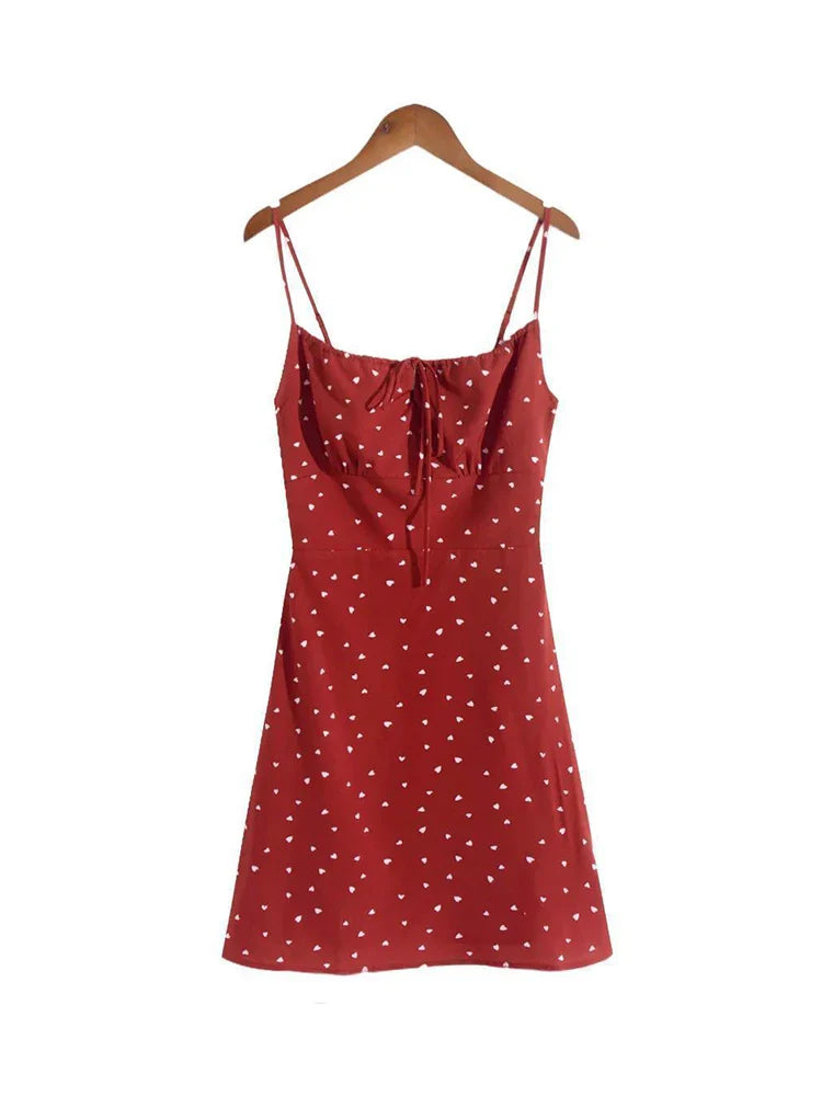 vmtvr Summer Heart Print Red Dress Women Camisole Backless Mini Drawstring Dresses