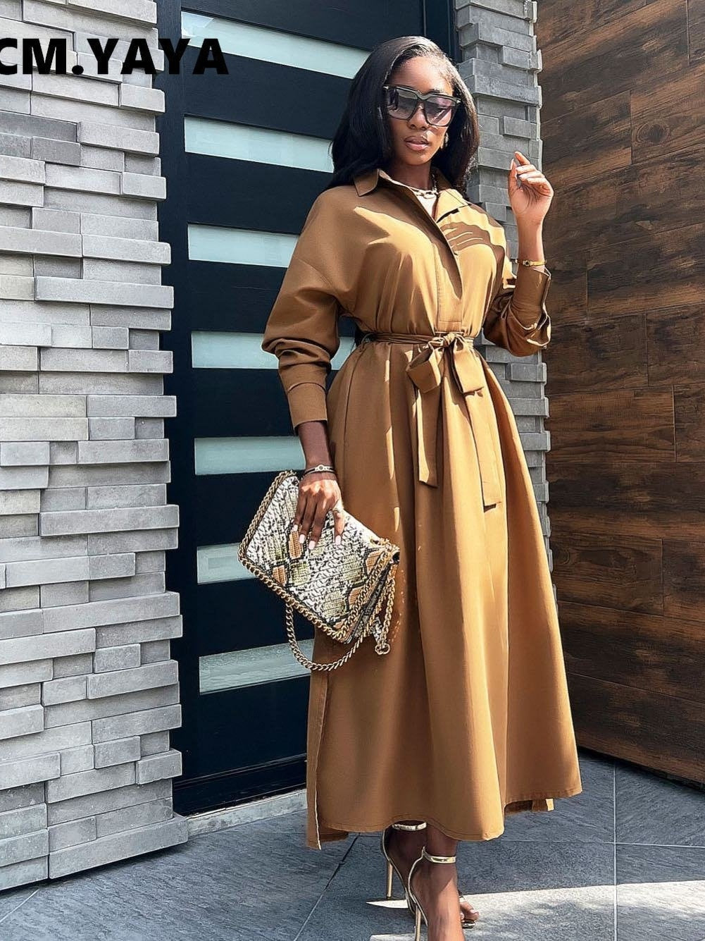 vmtvr - Fashion Long Sleeve Turn-down Neck Trench Style Maxi Long Dress for Women  Autumn Winter Streetwear Dresses Vestidos