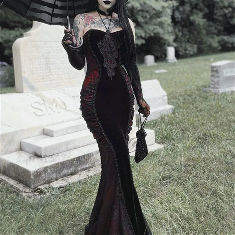 vmtvr  -  Goth Dark Ladies Elegant Fashion Tight Halter Mermaid Dresses Hotsweet Corset Mesh Maxi Dress Gothic Pleated Bodycon Party Gown