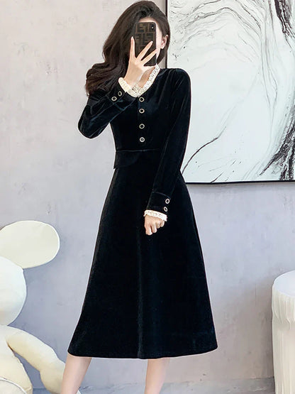 vmtvr  -  Black Velvet Chic Lace V-Neck Evening Dress for Women Autumn Winter Korean Vintage Hepburn Dress Fashion Elegant Prom Dress