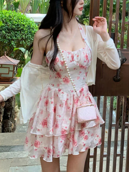 Sweet Floral Strap Dress Women Sexy Beach Party Korean Mini Dress Female Ruffles Designer Casual Fashion Chic Dress