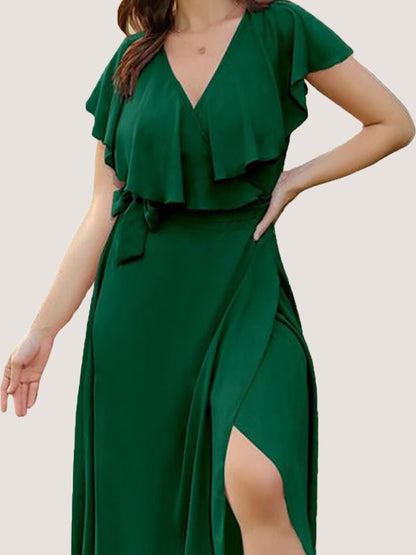 Party Dresses For Women 2023 Plus Size Summer Midi Dress V-Neck Solid Ruffle Sleeve Belted Wrap Dress