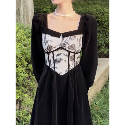 vmtvr  -  Elegant Women Dress Velvet New French Vintage Party Evening Dress Office Ladies Casual Long Sleeve Y2K Black Female Clothing