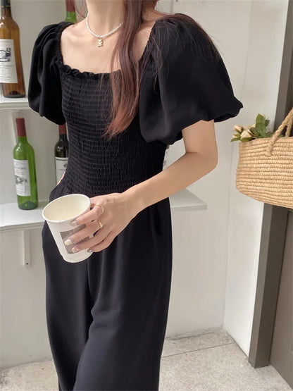 vmtvr Black Jumpsuits Women Elegant Chic Slim Work Wear New Summer Office Lady Wide Leg Slash Neck Daily Rompers