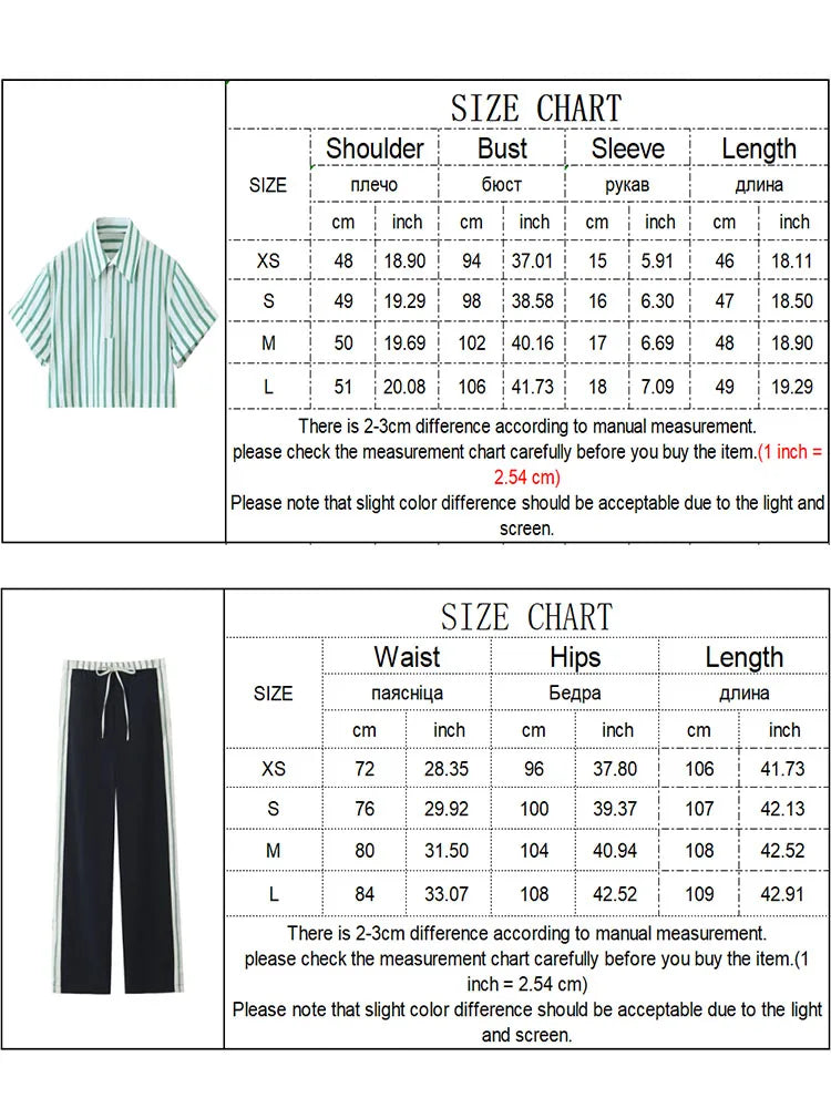 vmtvr New Summer Casual Striped Shirt Suit Women Short    Sleeve Lapel Pullover Top +Elastic Waist Lace Up Pants 2024 Spring New