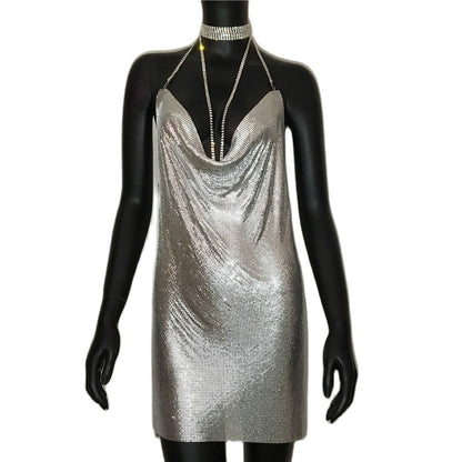 Sexy Gold Sequined Patchwork Mini Dress Women Sleeveless Low Cut Metal Chains Halter Slim Charming Nightclub Party Dresses