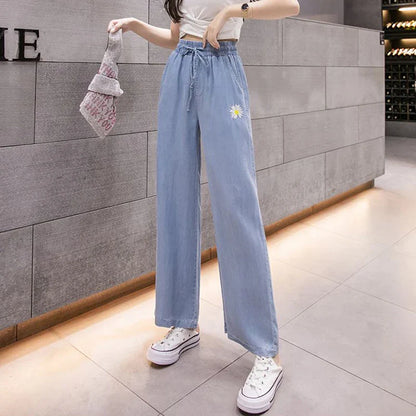 vmtvr Y2K High Waist Women Pants Korean Chrysanthemum Embroidery Loose Wide Leg Pants Summer Fashion Casual Female Ankle Length Pants