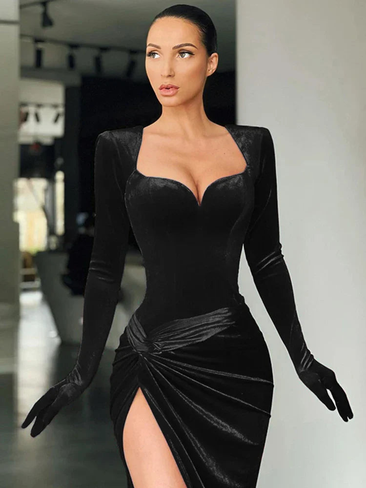 vmtvr  - Elegant Gown Long Dress Evening Club Outfits for Women Gloves Sleeve Velvet Sexy Slit Maxi Dresses Ruched Dresses