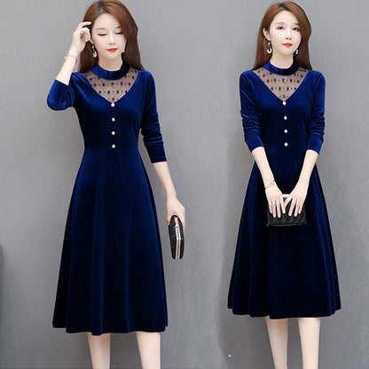 Women Autumn Winter Velvet A-Line Dress Office Lady Long Sleeve Party Lace Patchwork Midi Dresses Casual Elegant Vesitos Female