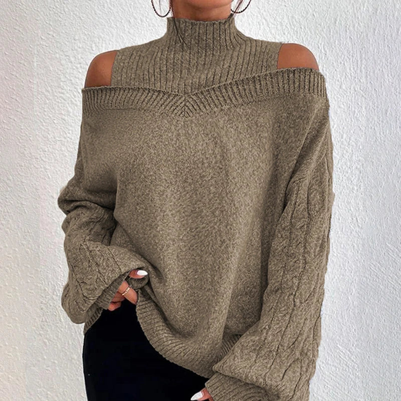 vmtvr Women Long Sleeve Mock Neck Sweaters Autumn WInter Off Shoulder Knitted Pullovers Ladies Casual Loose Sweaters Jersey Mujer