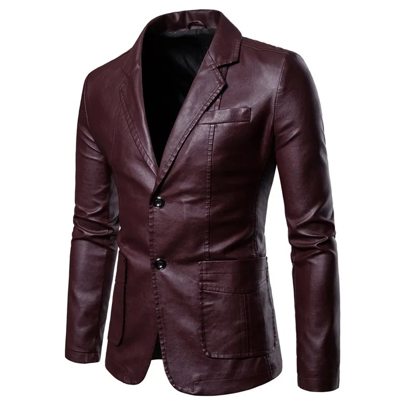 jiaabc Spring Autumn Fashion New Men's Lapel Leather Dress Suit Coat / Male Business Casual Pu Blazers Jacket