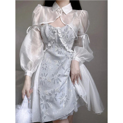 vmtvr  - Elegant Women Two Pieces Sets Vintage White Embroidered Slip Dress Chinese Style Overall Casual Party Ladies Outfits New