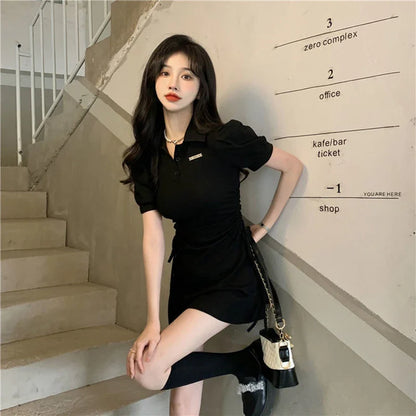 vmtvr women shirred pink dress summer streetwear Lace up female bodycon mini Dresses Y2K korean casual sexy short sleeve dress