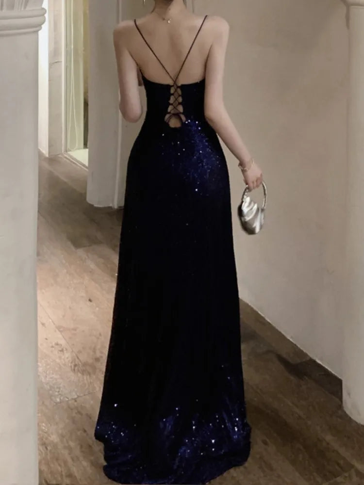 vmtvr Sexy Backless Evening Party Long Dresses for Women V-Neck Split Slim Spring Summer Luxury Sequins Prom Robe Birthday Vestido New