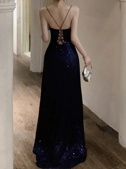 vmtvr Sexy Backless Evening Party Long Dresses for Women V-Neck Split Slim Spring Summer Luxury Sequins Prom Robe Birthday Vestido New