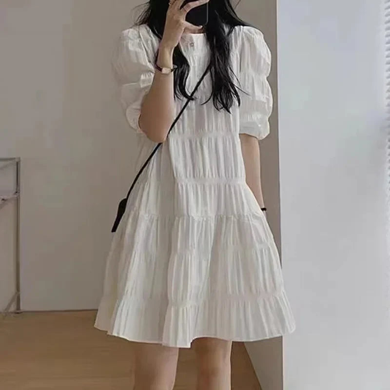 New Casual Loose Short Sleeve Summer Beach Dress White Fashion French Pleaded Dress for Women Evening Party Dresses Robe 27992