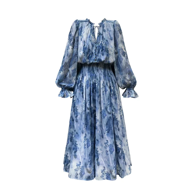 vmtvr French Vintage Long Sleeve Fairy Dress Women Slim Fashion Floral Midi Dress Beach Casual Korean Style Dresses Female Summer