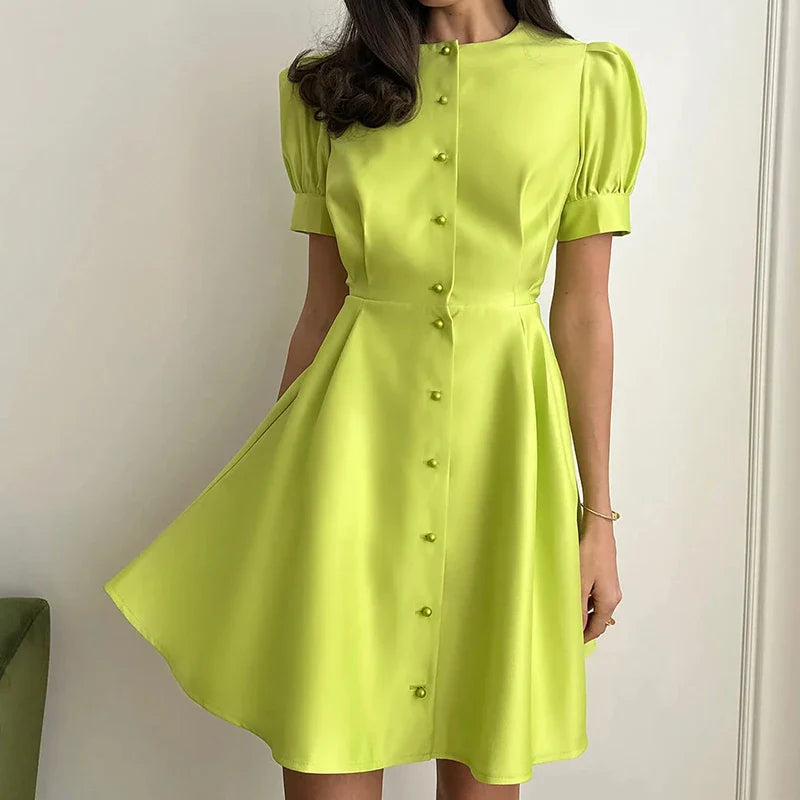 vmtvr Spring Solid Pearl Buckle A-Line Party Dress Women Elegant Crew Neck Hem Office Mini Dress Summer Puff Short Sleeve French Dress