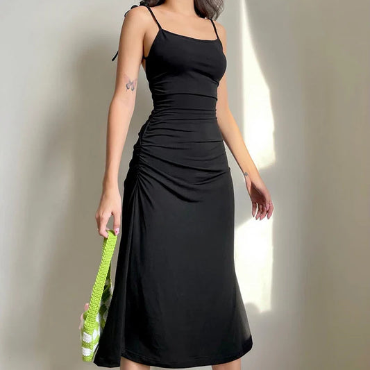 vmtvr Summer Black Dress Irregular Elegant Backless Party Long Dress Strappy Ruched Sexy Dresses Women Clothes Vintage Vestidos Largos