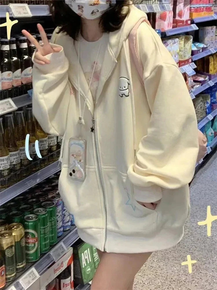 -QWEEK Harajuku Kawaii Pink Zip Up Hoodie Women Japanese Style Cute Cartoon Beige Hooded Jacket Oversize Korean Girly Sweatshirts