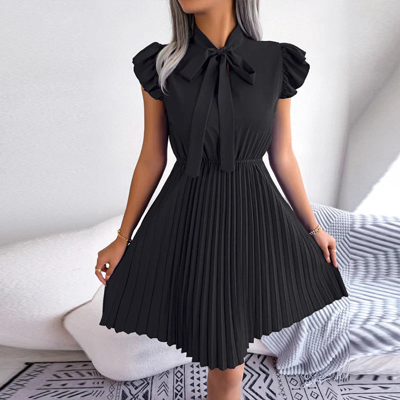 vmtvr Casual O-neck Bow Tie Up Short Sleeved Dress New Summer High Waist Pleated Mini Dress Office Lady Solid Slim Party Dress Vestido