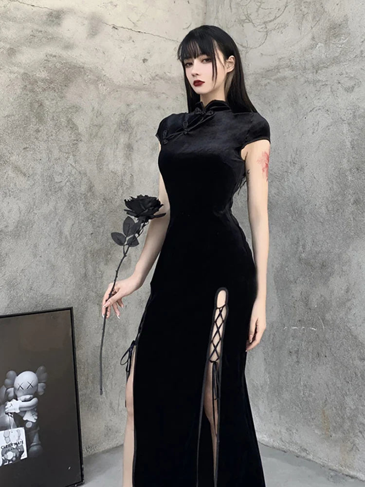 vmtvr  -  Goth Dark Romantic Gothic Velvet Aesthetic Dresses Vintage Women Black Bandage SlitHem Bodycon Dress Sexy Evening Wear Cheongsam