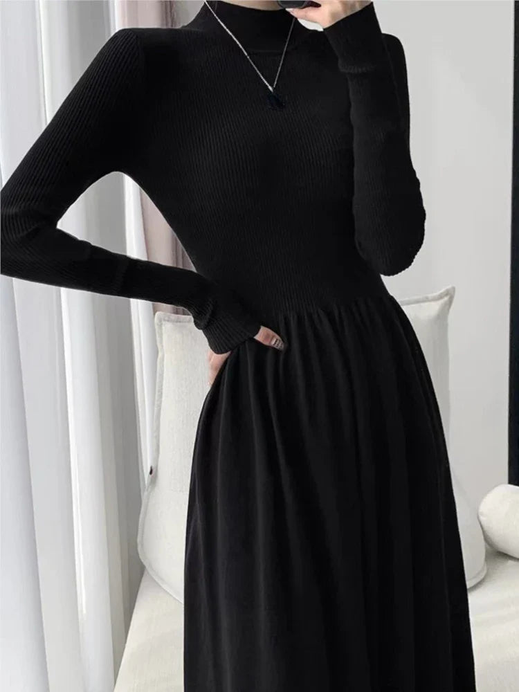 vmtvr New Fashion Solid Elegant Knitted Sweater Dress Women Vintage A-Line Ribbed Casual Party Black Vestidos Female Autumn Clothes