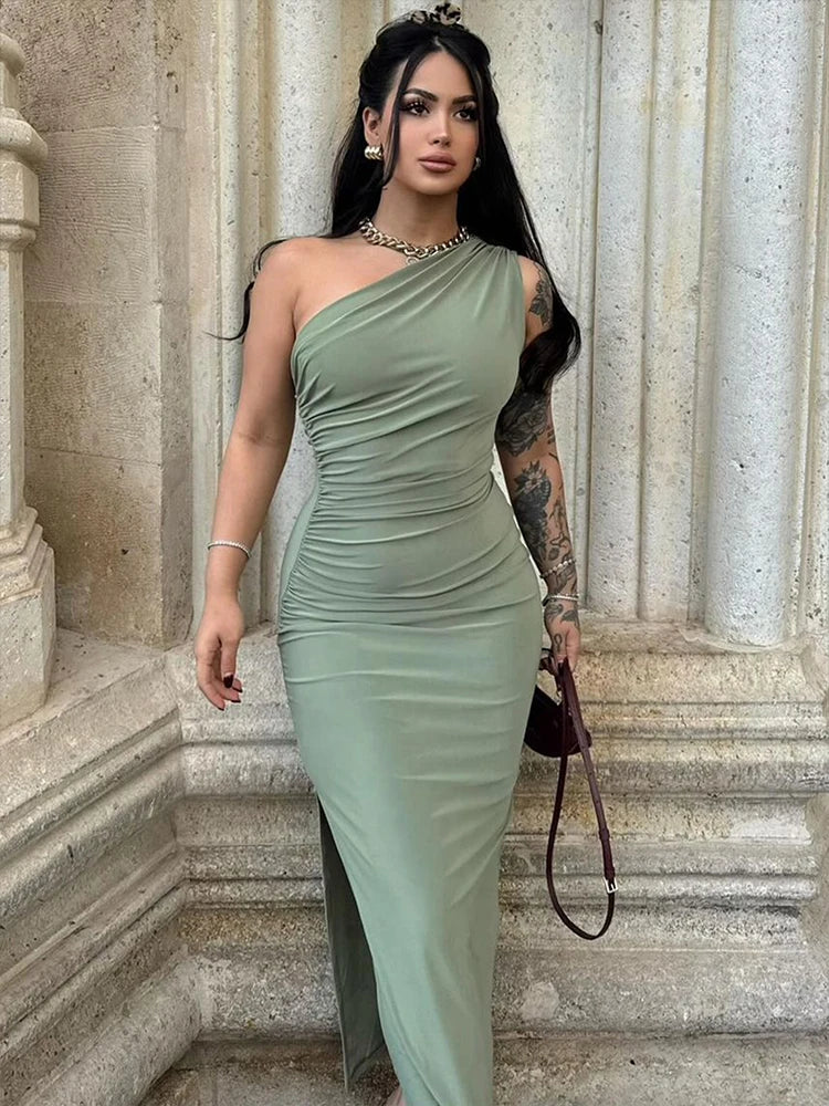 vmtvr New Maxi Dress Summer Women Streetwear Solid Sexy Backless Fashion One-Shoulder Dress Fashion Split Sleeveless Sheath Dresses